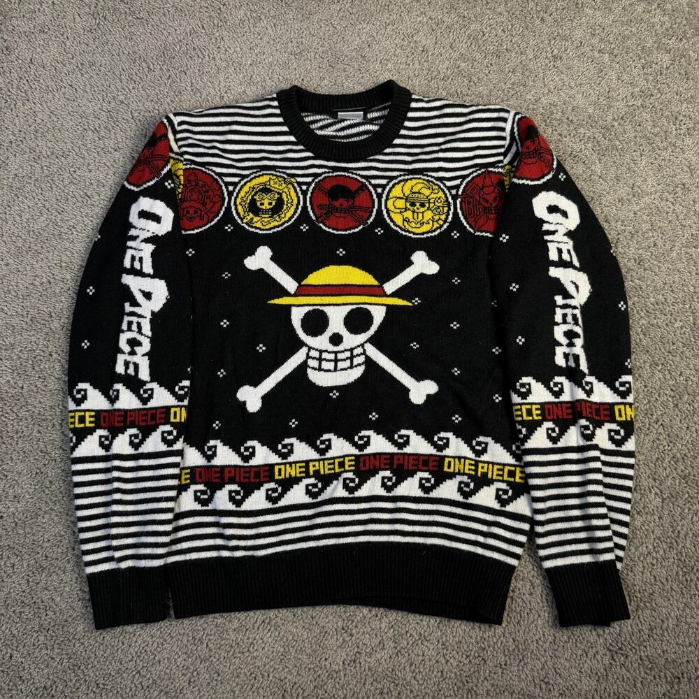 One Piece Sweater Mens M Black Multicolor Graphic Knit Ripple Junction Pullover